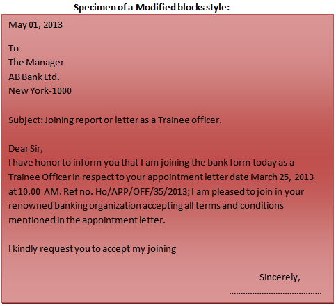 Format of a business letter Modified blocks style