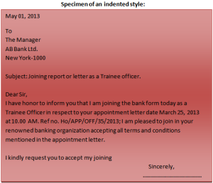 Format of a business letter indented style