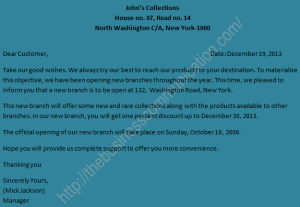 Sample a circular letter announcing opening a New Branch