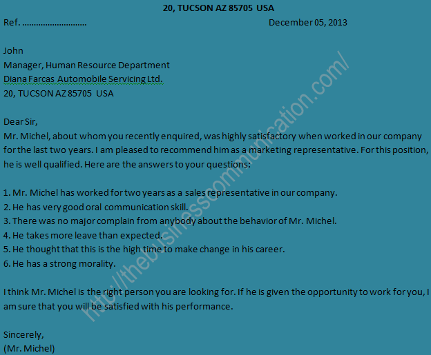 Semple of reply letter to personal status inquiry letter