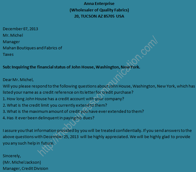 Specimen of business status inquiry letter-Sample of business status inquiry letter