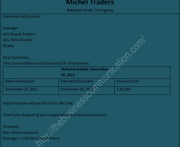 Sending statement of account-Sample of collection letter