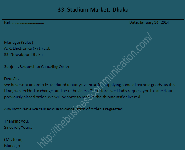 What is order cancellation letter-Specimen of order cancellation letter