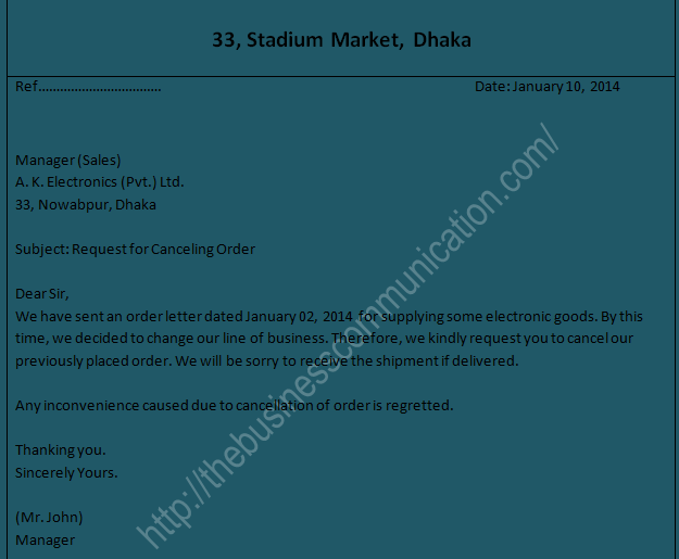 What is order cancellation letter-Specimen of order cancellation letter