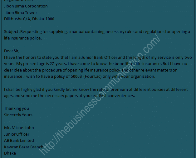 Specimens of letter related to insurance