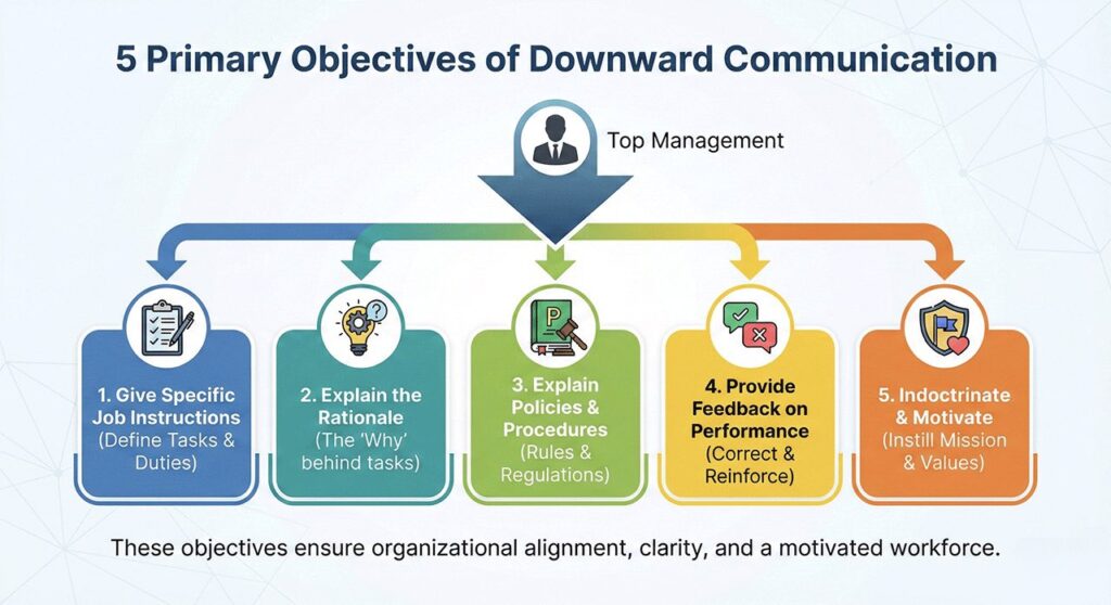 Infographic showing the five primary objectives of downward communication: Job Instructions, Rationale, Policies, Feedback, and Motivation.