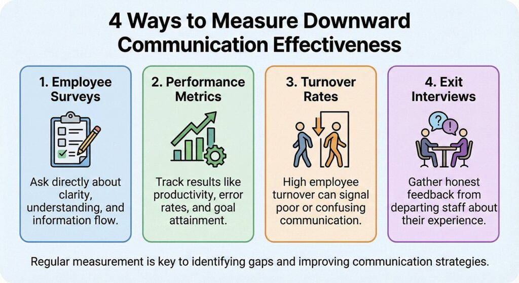 The Effectiveness of Downward Communication: Factors, Barriers, and Measurement 1 Infographic showing four practical ways to measure downward communication effectiveness: Employee Surveys, Performance Metrics, Turnover Rates, and Exit Interviews.
