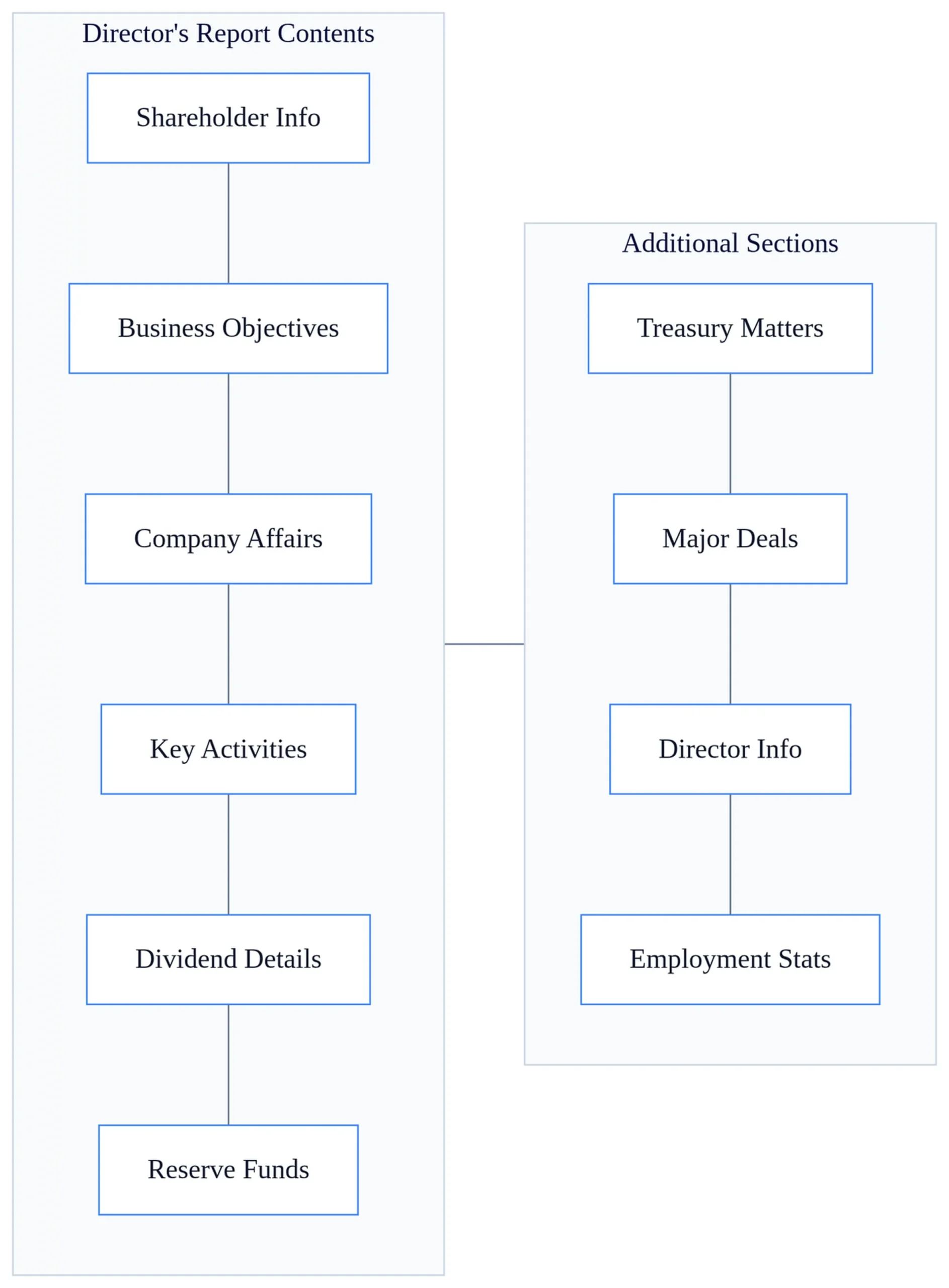 Director's report auditor's report checklist showing 11 key contents including shareholders, objectives, activities, dividends, and directors.